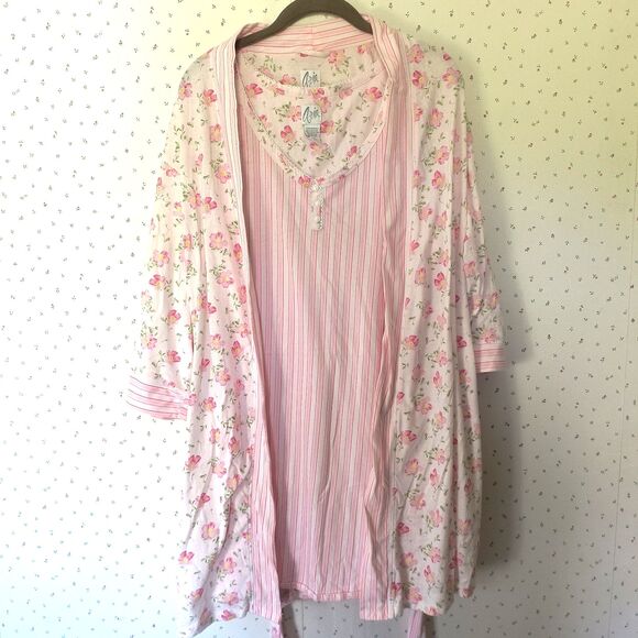Aria Robe & Gown Set XL Pink Floral Stripes Cotton Blend Cottagecore Romantic - Picture 1 of 16